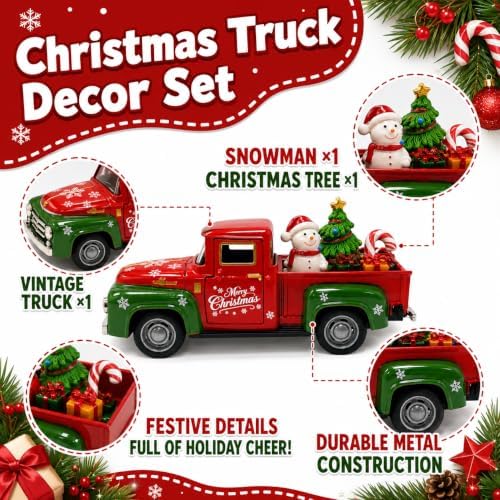 Christmas Truck Decor, 5.7 Inch Vintage Metal Pickup with Snowman and Tree - Image 6
