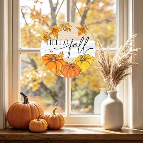 Hello Fall Welcome Sign Door Sign 12"x12" Fall Door Decorations Hanging Sign Farmhouse Pumpkin Round Wooden Sign for Home Front Door Wall Porch Yard Garden - Image 5