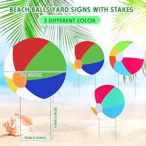 Tandefio 6 Pcs Summer Beach Balls Yard Signs with Stakes 11.8 Inch Waterproof Beach Ball Lawn Stakes Decorations for Outdoor Patio Garden Lawn Yard Party Sidewalks - Image 2