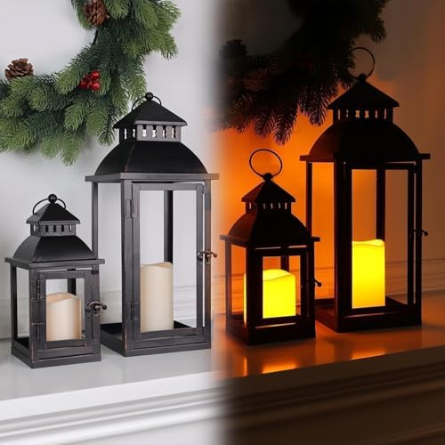 LED Lanterns Decorative Outdoor&Indoor, Set of 2 (17’’&11’’) Large Black Metal Lantern Decor with bronze brush, Candle Holder for Porch, Patio, Garden, Balcony, Wedding Decorations (No Glass) - Image 7