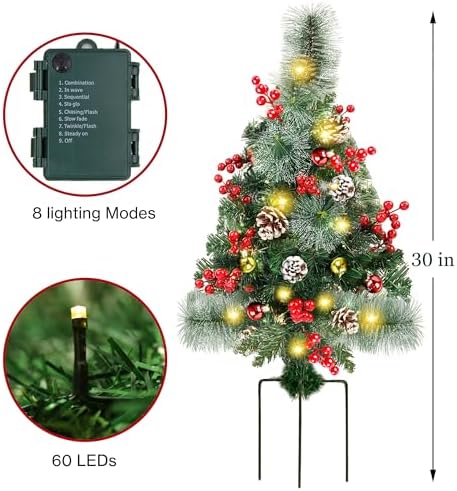 Juegoal 2 Pack 30 Inch Pre-Lit Pathway Christmas Trees, Upgrade Artificial Xmas Urn Filler with 60 LED Lights, Red Berries and Pine Cones Ornaments, Battery Operated Holiday Décor for Driveway, Yard - Image 3