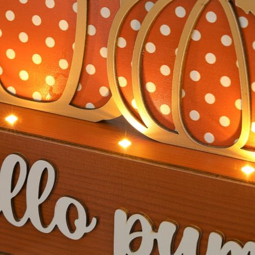 Yookeer Fall Pumpkin Table Decoration Lighted Thanksgiving Centerpiece Sign LED Autumn Tabletop Decor Hello Pumpkin Fireplace Wooden Table Sign Rustic Harvest Tabletop Decor for Indoor Home Farmhouse - Image 3