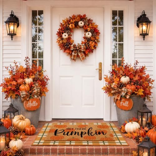 Fall Outdoor Doormat Set Autumn Harvest Doormat 2 Pack, 17×30 Coir Hello Pumpkin Mat & 28×43 Orange Plaid Rug, Indoor Outdoor Fall Thanksgiving Halloween Front Porch Decor - Image 4