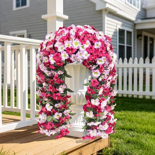 Artificial Hanging Flowers for Outdoors, 2 PCS 272 Blooms UV Resistant Morning Glory Faux Silk Vines, No-Odor Realistic Fake Plants for Garden Planter Porch Patio Decoration, Fuchsia Pink - Image 2
