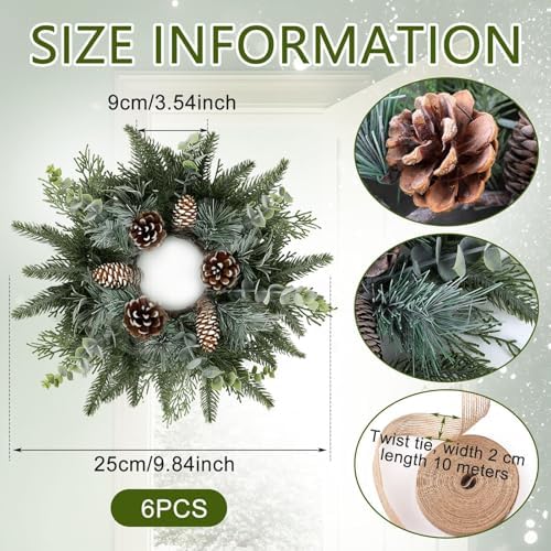 6 PCS Christmas Mini Cabinet Wreaths for Kitchen with Burlap Ribbon Norfolk Snowy Pine Needles Garland Pinecones Artificial Cedar Wreaths for Xmas Front Door Window Home Table Pillar Chair Wall Decor - Image 3