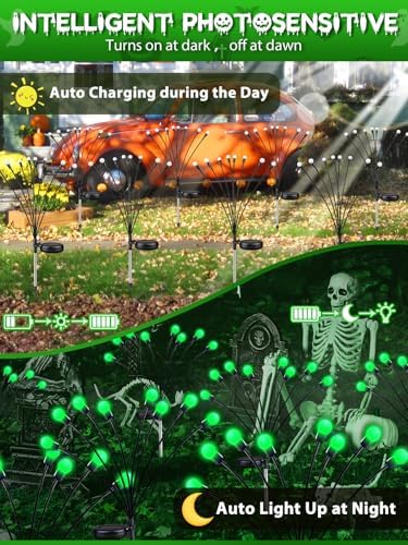 Halloween Decorations Outdoor Solar Firefly Lights 6 Pack 48 LED Green - Image 2