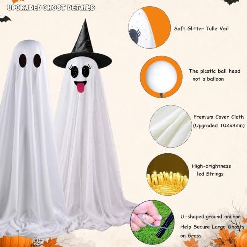 Halloween Decorations Outdoor, 3 Pack Light Up Spooky Ghosts with Remote Control LED Lights, DIY Faces and Witch Hats, Halloween Ghost Family Decor for Yard Porch Lawn Garden Front Door - Image 6