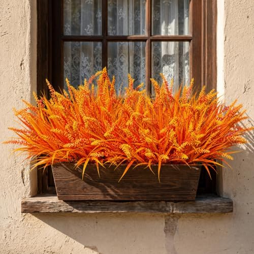 Artificial Fall Fake Outdoor Plants Flowers for Autumn Decoration,10 Bundles Faux Plastic Tall Monkey Grass Greenery UV Resistant Realistic for Home Outside Planter Window Porch Patio Garden (Orange) - Image 2