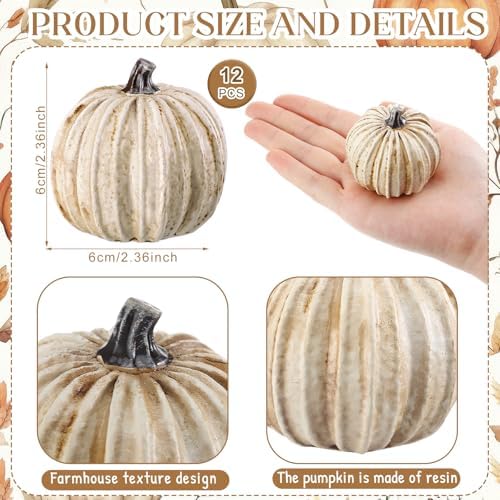 Geelin 12 Pcs White Rustic Fall Pumpkin Decor Resin Pumpkins for Thanksgiving Decorations Farmhouse Decorative Pumpkins 2.36" for Fall Home Decor Autumn Tabletop Centerpiece Harvest Wedding(Resin) - Image 3