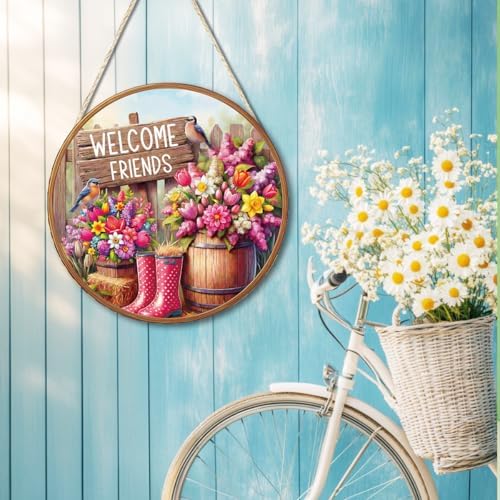 Welcome Friends Floral Wooden Hanging Front Door Sign Wall Decor - Image 4