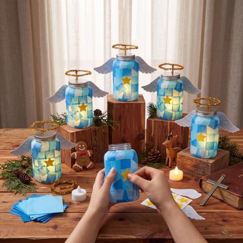 Qinyoung 12 Pcs Angel Christmas Crafts Mason Jars Tissue Paper Crafts with LED Candle Light DIY Suncatchers Decoration Make Your Own Angel Mason Jars Supplies for Xmas Winter Decoration - Image 3