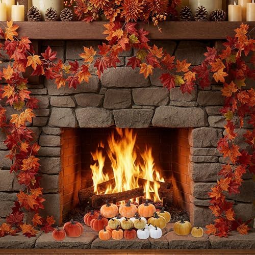Conelist 2 Pcs Maple Leaf Garland 24 Velvet Pumpkins Orange Farmhouse - Image 6