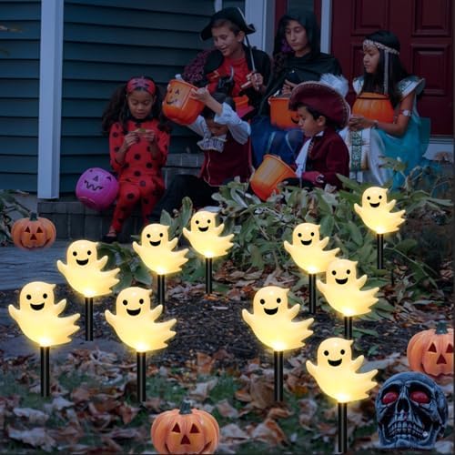 BRIGHTDECK Halloween Solar Pathway Lights Outdoor, LED Decor, Light Up Solar Stake Lights for Holiday, Halloween, Walkway, Sidewalk (Warm White Floating Ghost, 10-Pack) - Image 7