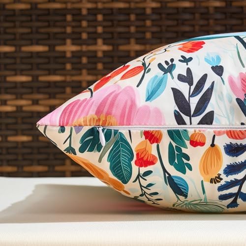 Outdoor Waterproof Throw Pillow Covers Set of 2 Floral Printed Blue Pink Orange Red Flower Pillowcase Farmhouse Outdoor Pillow Covers Square 20x20 Inch for Sofa Garden Patio Funiture Bench - Image 6