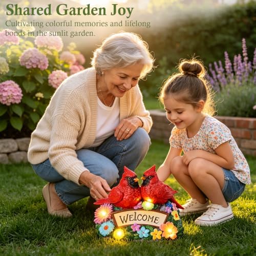 Solar Garden Statues 5.3" Couple Red Cardinal Figurines with Welcome Sign - Image 4