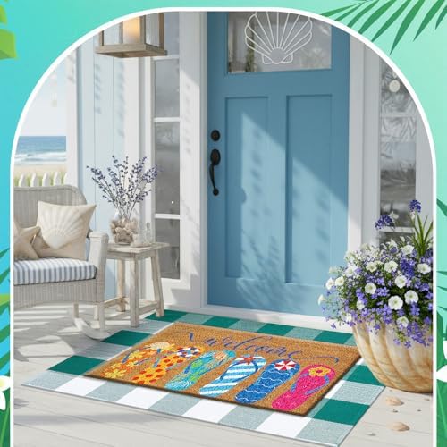 Duraaamo 2 Pcs Flip Flops Coir Doormat Set 16''x28'' Beach Welcome Doormat Outdoor, 24''x35'' Green and White Indoor Outdoor Rug,Summer Coastal Non Slip Front Door Beach Mat for Porch Decor Gift - Image 6