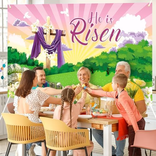 Large He is Risen Easter Banner Decorations Flag Outdoor 72x44 Inch, Cross Sign Christian Jesus Lily Flowers Banner for Indoor Home House Decor Party Supplies, Spring Yard Sign Background for Photography - Image 7