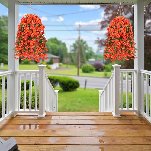 Sggvecsy Artificial Fake Hanging Flowers Plants for Outdoor Outside Spring Summer Decoration 2PCS Faux Silk UV Resistant Realistic Morning Glory Trailing Vines for Home Porch Patio Balcony(Orange) - Image 5