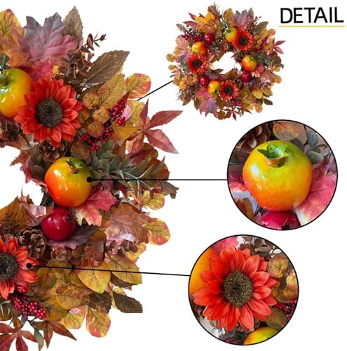HipTree Handcrafted 24In Fall Wreath Sunflower Pomegranate Front Door Decor - Image 2