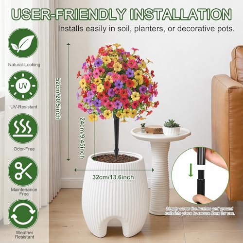 Alupssuc 4Pcs 20" Artificial Topiary Ball Flowers, Spring Outdoor Decoration with Spike, UV Resistant Faux Summer Plants, Fake Bushes Plants, Red Rose, Purple & Yellow for Garden, Porch & Patio Decor - Image 4