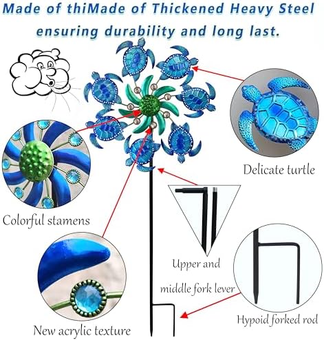 39" Sea Turtle Wind Spinners Garden Stake,Outdoor Ocean Theme Wind Sculpture Decorations for Patio,Lawn-Blue - Image 5