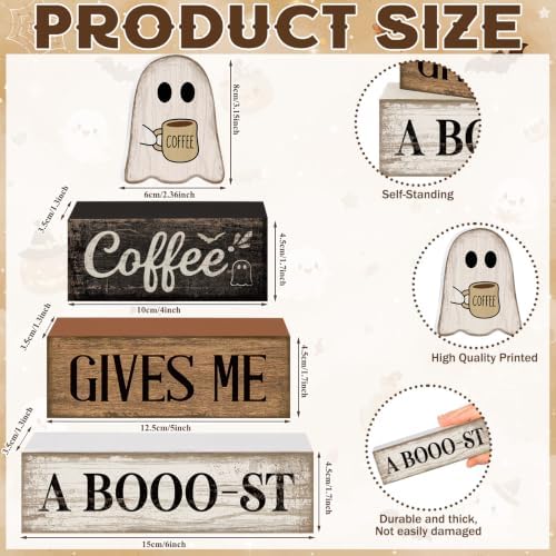 Lineshading 4 Pcs Halloween Tiered Tray Decor, Wooden Ghost Coffee Blocks - Image 3