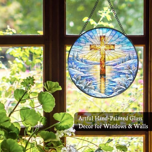 Winter Cross Stained Glass Window Hanging Suncatcher 7.8x7.8 in - Image 4
