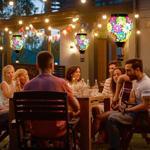 Starsoul Mosaic Flowers Hot Air Balloon Solar Lantern Glass Outdoor Hanging Hot Air Balloon Solar Flickering Flame Light Waterproof Garden Patio Yard Party Decorations Gifts for Women - Image 7
