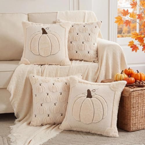 Fall Beige Pillow Covers 18x18 Set of 2 Double-Sided Pumpkin Plush - Image 5