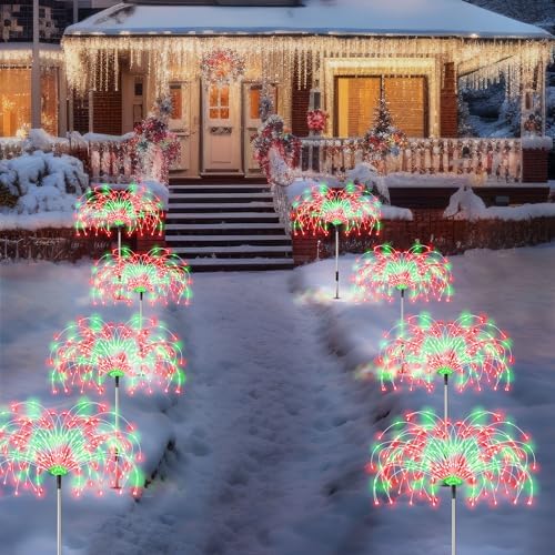 Enhon 4 Pack Plug in Christmas Pathway Firework Lights, 1440 LED Waterproof Xmas Garden Starburst Stake Lights with 8 Modes for Driveway Walkway Yard Lawn Patio Decorations(Red, Green) - Image 6