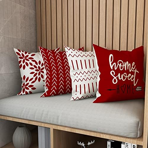 YCOLL Christmas Red Linen Pillow Covers 20x20 Set of 4, Home Sweet Home Farmhouse Throw Pillow Covers, Holiday Decorative Cushion Covers for Sofa Couch Bed, Winter Rustic Xmas Home Decor - Image 4