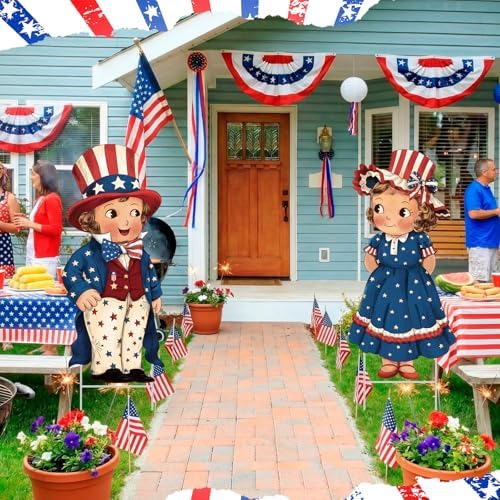 Beeveer 2 Pcs 4th of July Decorations Vintage Patriotic Yard Decor Outdoor 250th Anniversary Memorial Day Yard Sign with Stakes Front Door Hanging Sign for Porch Door Garden Patio Lawn Party Supplies - Image 3