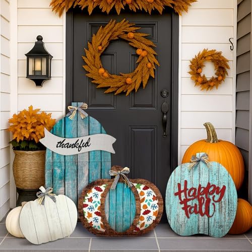 Kigley Set of 4 Fall Porch Decorations Outdoor Wood Pumpkin Fall Front Porch Decor Thanksgiving Autumn Yard Decor Welcome Sign for Decorating Outside Front Door Patio(Classic Style) by Kigley