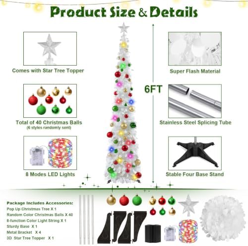 N&T NIETING Pop Up Christmas Tree with Lights & 30 Balls, 5Ft Collapsible White Tinsel Skinny Tree Decorations for Holiday Xmas Home Office Decor - Image 3