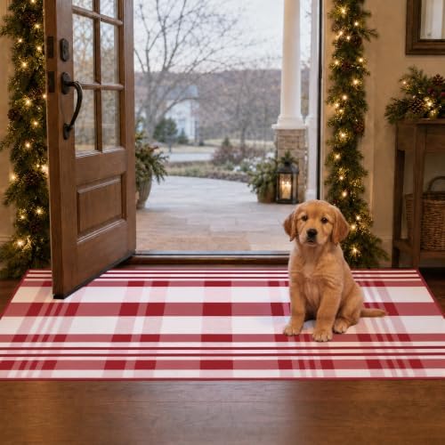 2' x 4'3" Red White Plaid Christmas Doormat Crystal Velvet Entry Rug - Image 5