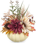 Artificial Pumpkin Fall Décor - Autumn Table Centerpieces with Beige Faux Flowers, Maple Leaves, Sunflowers, Pumpkin – Halloween, Thanksgiving & Harvest Home Decoration by Arborus