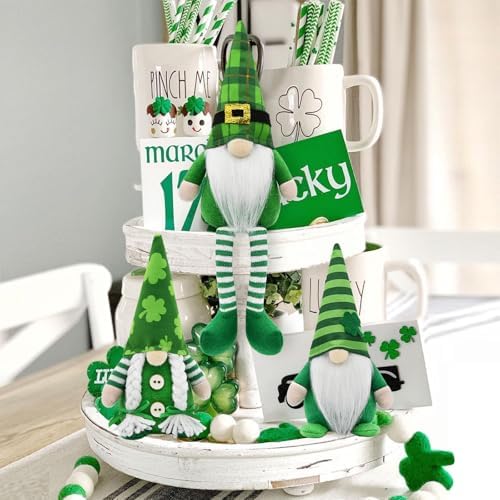 St Patricks Day Gnomes Decor Indoor, 3Pcs St Patricks Day Decorations Gnomes, Shamrock Decorations for Table, Tiered Tray Irish Home Decor Gnome Gifts - Image 3