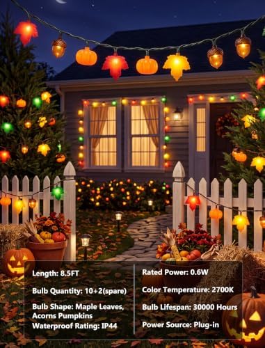 8.5FT 10LED Pumpkin Maple Leaf Acorn Fall String Lights Decorations Plug in - Image 4