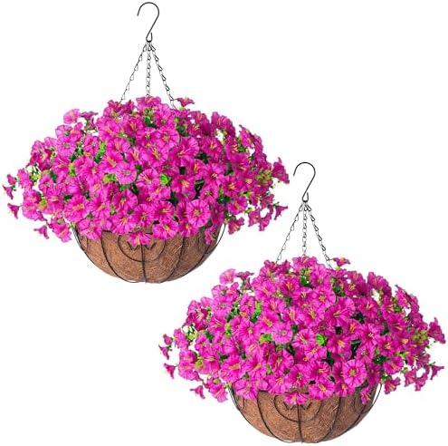 Ivydale 2 Set Artificial Hanging Flowers Baskets Fake Plants for Outdoors, 24 Pcs UV Resistant Faux Silk Morning Glory Eucalyptus with 2 Hanging Planters Realistic for Outside Patio Porch Outdoor by Ivydale