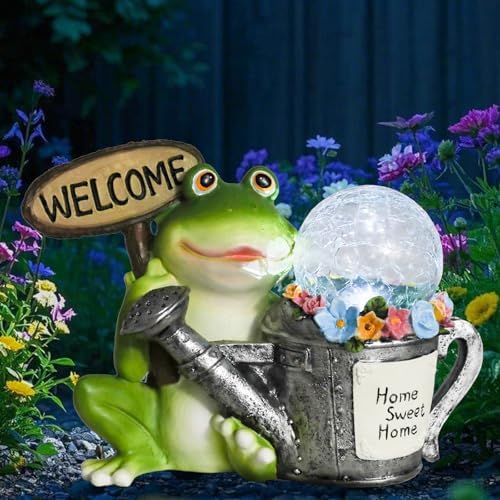 Garden Outdoor Statues, Resin Frog Solar Lights with Glowing Watering Can - Image 3