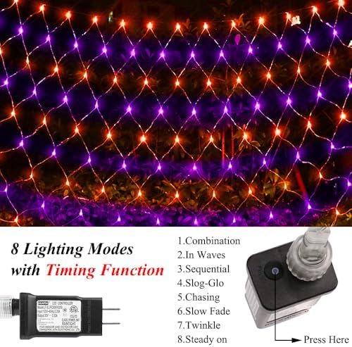 LED Net Light Halloween Decor Mesh Lights, 240LED Timer Tree Warp Fairy Lights Outdoor Hanging String Light for Home, Bedroom, Christmas, Garden, Walkway, Bushes Decor-9.8ft x 6.6ft(Purple&Orange) - Image 4