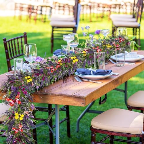 6.5 Ft Artificial Lavender Purple Garland Spring Summer Lavender Wild Flower Butterflies Wreath Swags Vine for Wedding Arch Porch Stair Table Indoor Door Home Mantle Fireplace All Year Decoration - Image 5