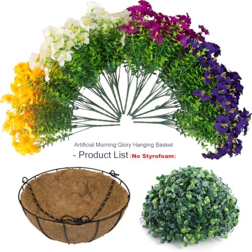 2 Set Artificial Outdoor Flowers with Hanging Baskets,24 Pcs UV Resistant Faux Petunias Flowers with Hanging Planter for Front Door Porch Spring Outside Decor (2, White,Yellow,Purple,RedViolet) - Image 4