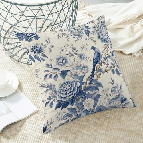CXMEIFLY Spring Floral Pillow Covers 18 x 18 Inch Set of 2 for Chinoiserie Flowers Bird Decor Throw Pillows Vintage Blue and White Plant Outdoor Decorative Cushion Cases for Couch Bed Decorations - Image 4