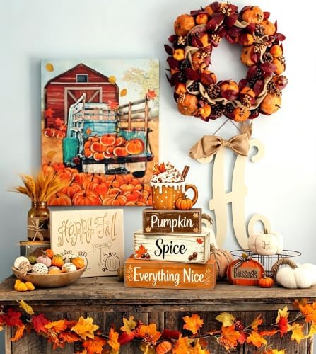 4 Pcs Pumpkin Spice Fall Tiered Tray Decor, Rustic Wooden Stacked Block Signs, 3D Pumpkin Latte Cup Topper Autumn Coffee‑Bar Table Centerpiece, Farmhouse Thanksgiving Harvest Home Shelf Decor - Image 6