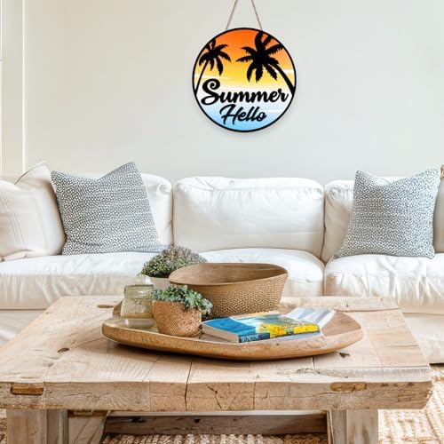 JarThenaAMCS Hello Summer Welcome Door Sign 3D Hawaiian Coconut Tree Seaside Sunset Front Door Hanger for Summer Pool Farmhouse Home Porch Window Decor - Image 5