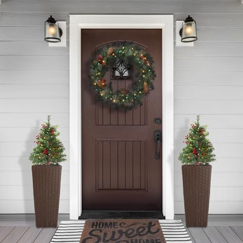 Casafield Set of 2-24" Outdoor Pathway Christmas Trees, Realistic Walkway Pre-Lit Holiday Decor with Red Berries, Pinecones, Mixed Greenery, and White LED Lights - Image 6