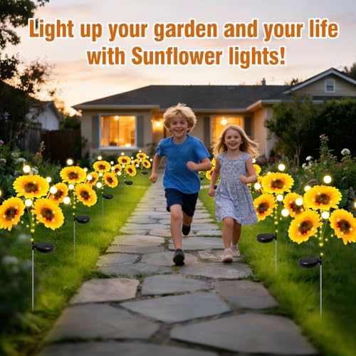 Sunflower Solar Lights Outdoor, 4 Pack Sunflowers with Firefly Lights, Waterproof Solar Flower Lights with 1000mAh Battery for Patio Porch Lawn, Gifts for Mom Women Grandma, Yard Decorations Outdoor - Image 3