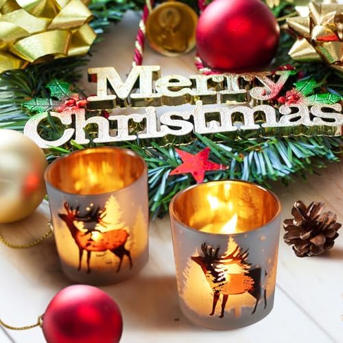 SHMILMH Christmas Votive Candle Holders Set of 4, Gold and Silver Glass Tealight Candle Holders for Xmas Table Centerpiece Decorations, Christmas Candle Jar for Candle Making - Image 3