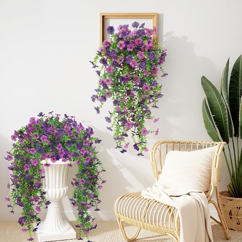 Artificial Fake Hanging Flowers Plant Spring Summer Decoration for Outdoor Faux Silk Daisy with Eucalyptus 4 Pcs Realistic UV Resistant Indoor Outside Garden Porch Patio Balcony Yard(Double Purple) - Image 7